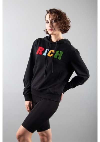 Siyah 2 Iplik Kapüşonlu Sweatshirt Çok Renkli