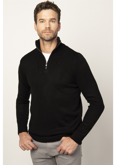 Tudors Slim Fit Dar Kesim Dik Yaka Fermuarlı Erkek Kazak-26347 Siyah Tudors Slim Fit Dar Kesim Dik Yaka Fermuarlı Erkek Kazak-26347 Siyah