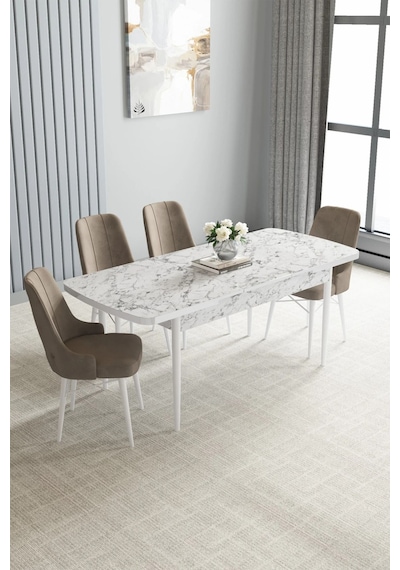 Zümra Serisi, Beyaz Mermer Desen 80x132 Açılabilir Mdf Mutfak Masası Takımı 4 Adet Sandalye Cappucino Zümra Serisi, Beyaz Mermer Desen 80x132 Açılabilir Mdf Mutfak Masası Takımı 4 Adet Sandalye Cappucino