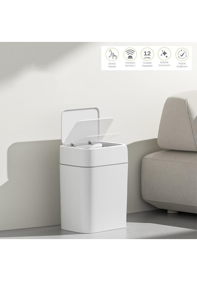 12 Litre Sensörlü Çöp Kovası Ofis Mutfak Banyo Çöp Kovası Beyaz