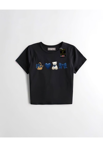 Flood Of Style Siyah Babby Tee Sepet Ayıcık Kalp Özel Tasarım