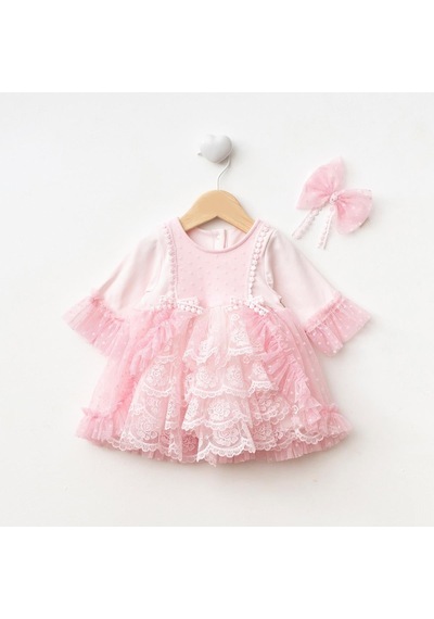 Ürünya Kız Bebek Uzun Kollu Bandanalı Tüllü Tokalı Elbise Pembe