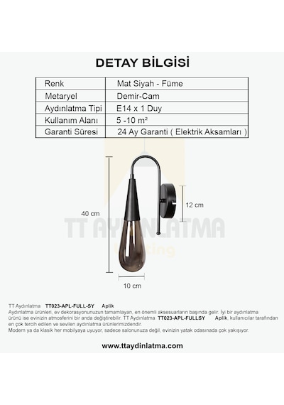 Tt023-apl-fullsy Tt Aydınlatma Damla Modeli Full Siyah Aplik Siyah
