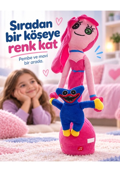 Misan Oyuncak Pembe Peluş Bebek 33 Cm Mavi Canavar Figürlü, Düğme Gözlü Tasarım