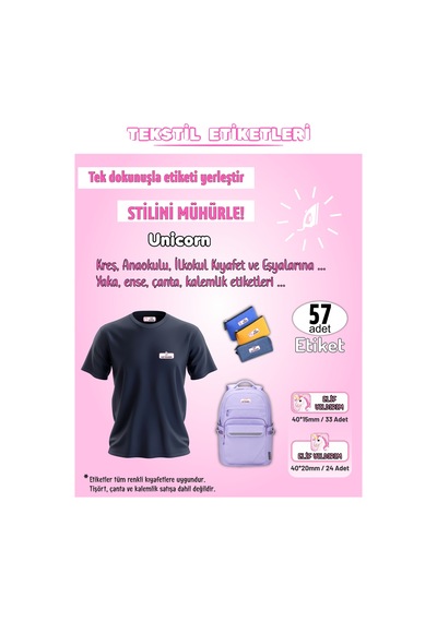 Unicorn Kreş Anaokulu İlkokul Kıyafet Eşya Yaka Ense İsim Etiketi 57 Adet Karışık