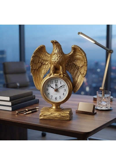 Dekoratif Ofis Çalışma Alanınıza Şıklık Katan Güçlü İhtişamlı Kartal Masa Saati Biblo Hediye 21x13cm