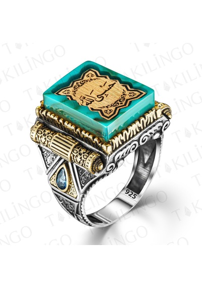 Takılingo 925 Ayar Gümüş Hasbi Allah Yazılı Kehribar Taşlı Erkek Yüzük Gümüş