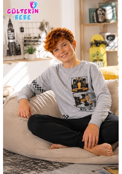 Tarık İnterlok Kumaş Araba Baskılı Erkek Pijama Takımı 11-16 Yaş -ta4401470 - Gri
