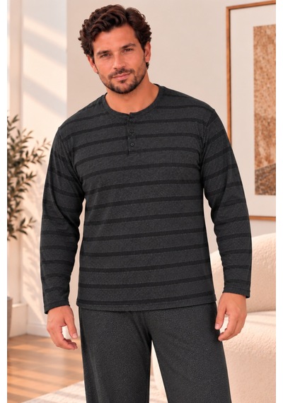 Nisanca Büyük Beden Premium Soft Erkek Pijama Takımı Yumuşacık Dokulu Uzun Kollu Düğmeli Yaka Çizgili Kışlık Pijama Füme