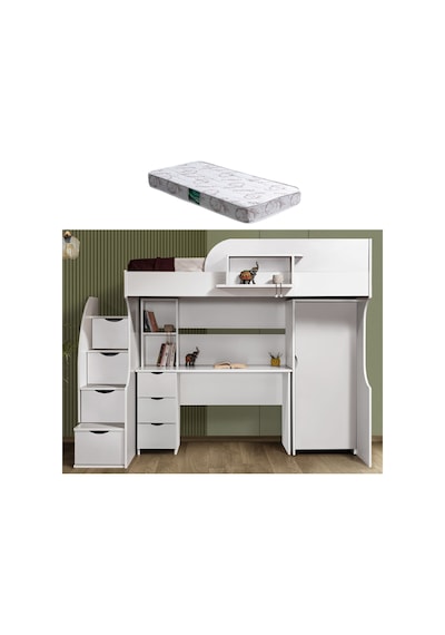Ranza, Litera Ranza Dolap Çalışma Masası Beyaz + 1 Adet Comfort Yatak 90 x 190 Cm Ranza, Litera Ranza Dolap Çalışma Masası Beyaz + 1 Adet Comfort Yatak 90 x 190 Cm