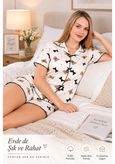 Genel Markalar Kadın Kısa Kollu Şortlu Pijama Takımı Ayıcık Fiyonk Desenli Düğmeli Beyaz Beyaz Genel Markalar Kadın Kısa Kollu Şortlu Pijama Takımı Ayıcık Fiyonk Desenli Düğmeli Beyaz Beyaz