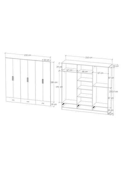 İnci 6 Kapak 3 Çekmeceli Gardırop %100 Mdf