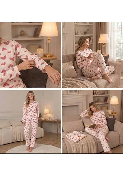 Lila İç Giyim Lila Kadın Pamuklu Kalp Desenli Uzun Kollu Pijama Takımı - Rahat Kalıp Kalp Desenli Kalpli Ekru Lila İç Giyim Lila Kadın Pamuklu Kalp Desenli Uzun Kollu Pijama Takımı - Rahat Kalıp Kalp Desenli Kalpli Ekru