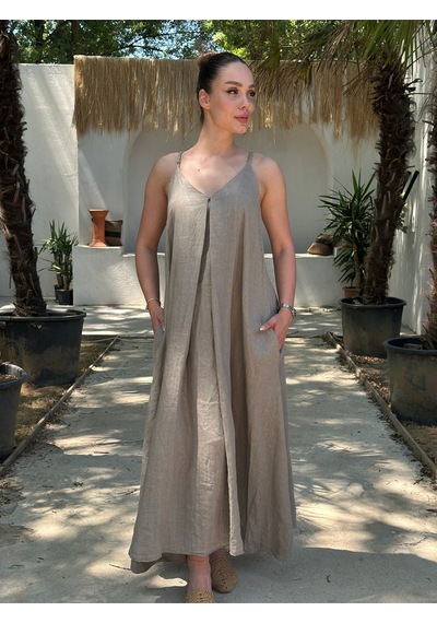 Yazlık Keten Askılı Oversize Elbise Camel