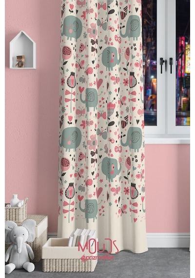 Tatlı Fil Desenli Fon Perde Çocuk Ve Bebek Odası Süet Dijital Baskılı Ekstrafor Büzgü Tek Kanat Çok Renkli