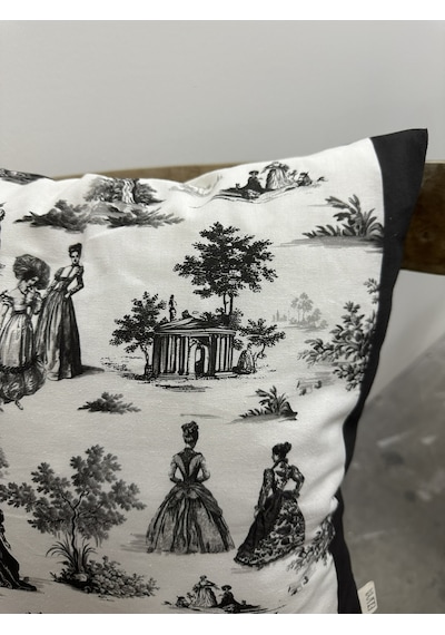Toile De Jouy Paris Kırlent Kılıfı 43x43 Cm %100 Pamuk Dijital Baskılı Klasik Fransız Tarzı Dekoratif Yastık Kılıfı - Zt740 Siyah-
