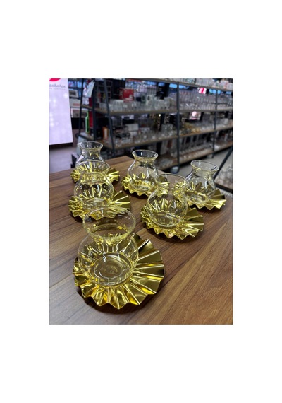 Metal Bardak Altlığı,cam Tiryaki Bardaklı Çay Seti,6 Kişilik12parça Çay Takımı,lüks,metal Çay Tabağı Gold