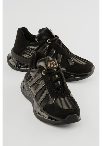 Mubiano Kadın Süet Sneaker Anorak Detaylı Taşlı Spor Ayakkabı Neriel Siyah Siyah