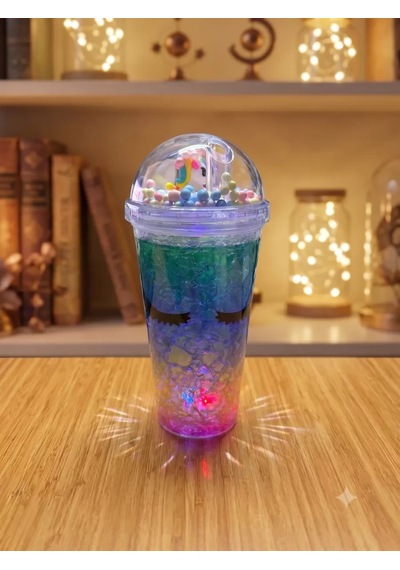 Işıklı Unicorn Tasarımlı Rgb Led Pipetli Bardak - Renk Değiştiren Sihirli Kupa Çok Renkli