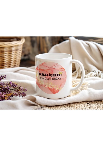 Kraliçeler Eylülde Doğar Yazılı Pembe Mermer Simli Kupa Bardak - Kadın Doğum Günü Hediye Beyaz