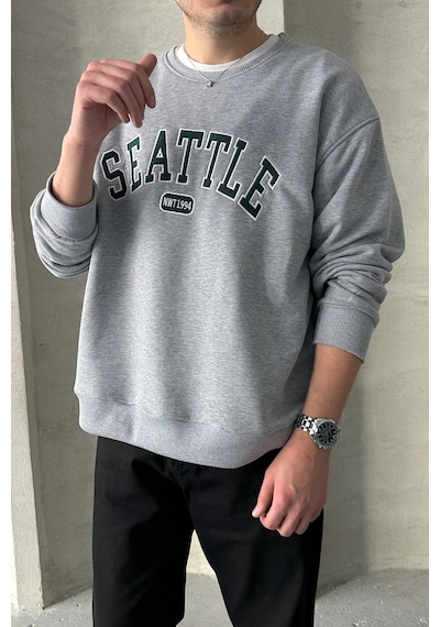 Erkek Seattle Baskılı Oversize Sweatshirt Grimelanj