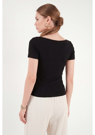 Lela Toka Detaylı Fitted Fit Kayık Yaka Bluz Bayan Bluz 5862707 Siyah