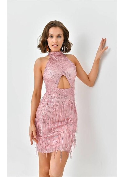 Dip Moda Kadın Mini Pul Payet Saçaklı Abiye Elbise Nbswll05 Pudra