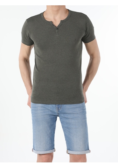 Colin'S Slim Fit Placket Neck Basic Haki Erkek Kısa Kol Tişört Cl1040245_Q1.V2_Kml Haki