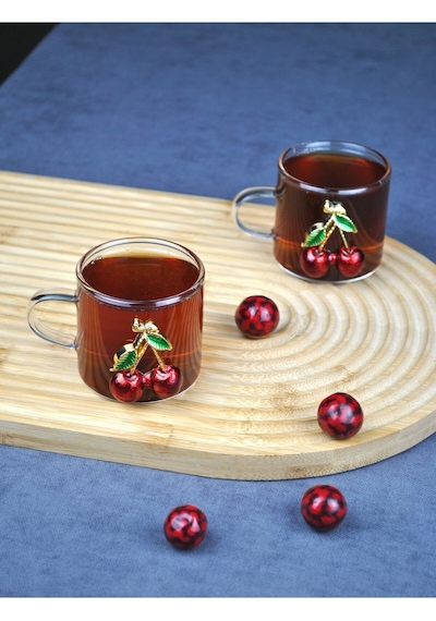 2'li Kirazlı Cam Mini Kupa Kiraz Çay Bardağı 130 Ml Kahve Fincanı Yılbaşı Şeffaf