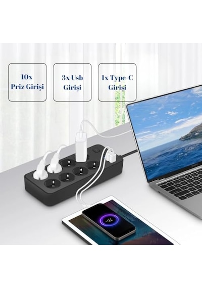 Termal Akım Korumalı, 10'lu Priz Soketi, Isıya Dayanıklı Yapı, 10x Priz, 3x Usb, 1x Type-c Girişi, Çocuk Korumalı Çoğaltıcı, 2 Metre Uzatma Kablosu 16a/3680w
