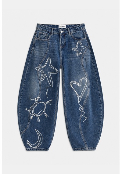Kadın 2w6-5 Baggy Balloon Nakış Özel Tasarım Denim Jean Mavi