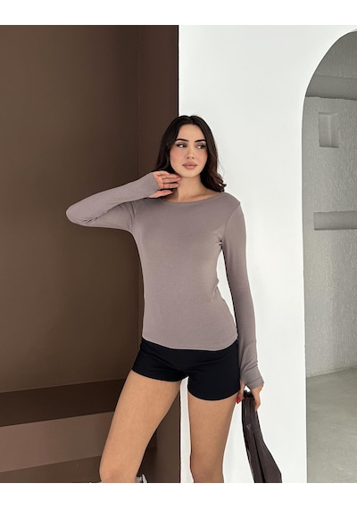 Elaxi Kadın Kayık Yaka Parmak Geçmeli Uzun Kollu Full Likralı Pamuk Viskon Buzzy Body Tişort Vizon Elaxi Kadın Kayık Yaka Parmak Geçmeli Uzun Kollu Full Likralı Pamuk Viskon Buzzy Body Tişort Vizon