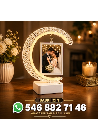 Kişiye Özel Fotoğraflı Kristal Hilal Led Masa Lambası Altın