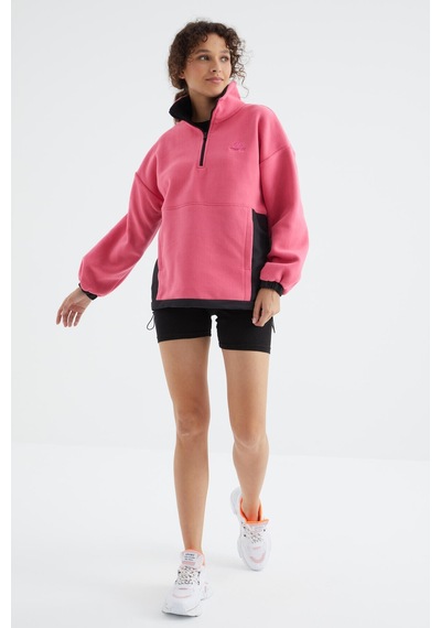 Tommy Life Şeker Pembe Yarım Fermuar Etek Ucu Büzgülü Dik Yaka Oversize Kadın Polar Sweatshirt - 97236 Şeker Pembe
