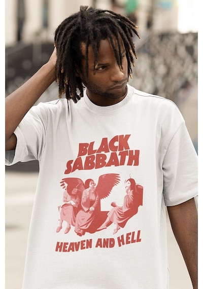 Black Sabbath Heaven And Hell Müzik Grubu Baskılı Unisex Tişört, Beyaz