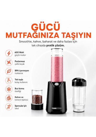Tigrecook TG-3205B Nutrishake Fit 3 In 1 600 W Kişisel Smoothie Blender Ve Kahve Baharat Öğütücü