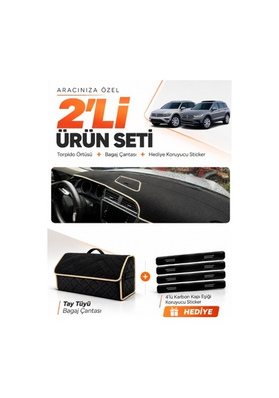 E-biz Volkswagen Tiguan 2016-2023 Uyumlu Torpido Örtüsü + Tay Tüyü Çanta - Siyah-bej - Vw024