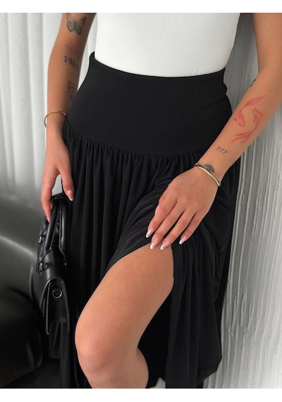 Wear Vexel Sandy Uzun Beli Lastikli Yüksel Bel Etek Yazlık - Siyah Çok Renkli