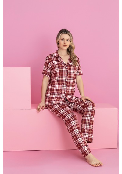 Medinenur Bordo Ekose Desenli Milan Örme Kısa Kol Düğmeli Pijama Takımı