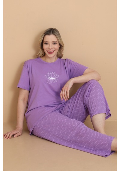 Wordex Mirano 4501 Kısa Kollu Lila Süprem Kumaş Büyük Beden Kadın Pijama Takımı
