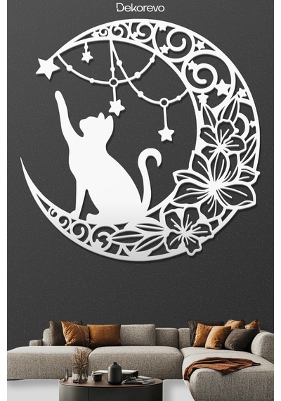 Floral Hilal Ve Kedi Silüeti Dekoratif Metal Tablo - Metal Duvar Sanatı - Beyaz - 30 X 30 Cm