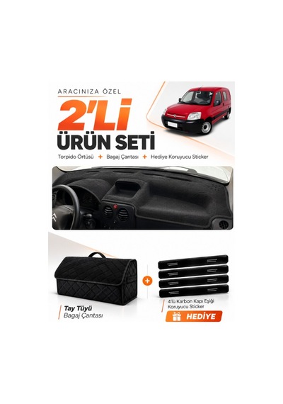Cıtroen Berlıngo M59 2002-2008 Uyumlu Torpido Örtüsü + Tay Tüyü Bagaj Çantası Seti - Siyah