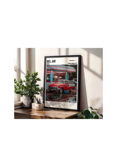 Chevrolet Bel Air Ahşap Çerçeveli Poster Tablo Klasik Amerikan Tasarım Siyah