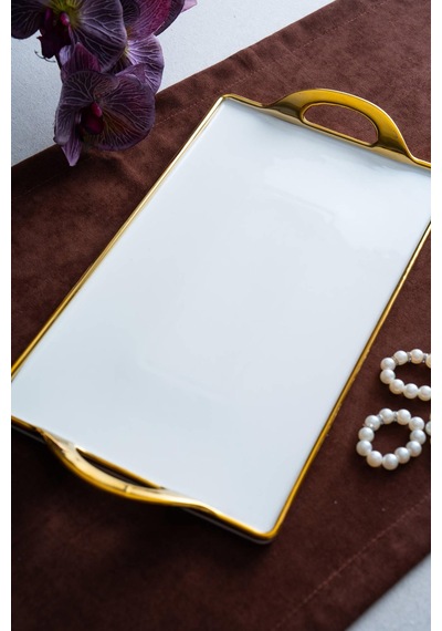 Acar Arven Dikdörtgen Gold Sunum Tepsi - 41 Cm Beyaz