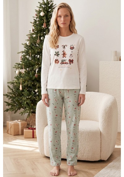 Siyah İnci Yılbaşı Temalı Pamuklu Likralı Örme Pijama Takım26241181 Beyaz