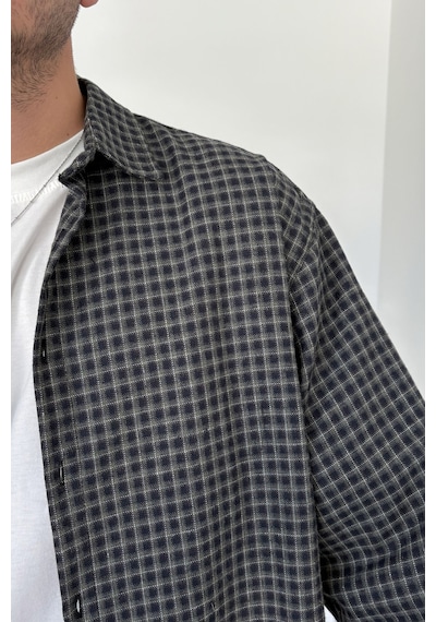 Erkek Oversize %100 Pamuk Ekose Gömlek Haki