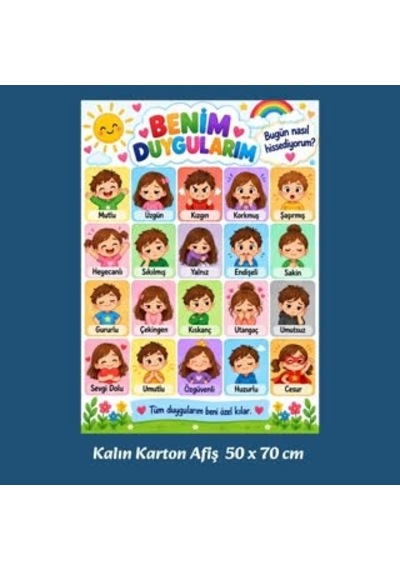 Benim Duygularım 20 Duygu Görselli Kalın Karton Eğitim Afişi 50x70 Cm Tüm Yaşlar