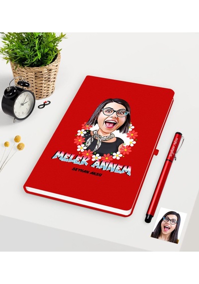 Kişiye Özel Melek Annem Karikatürlü Kırmızı Defter Kalem Seti Kırmızı