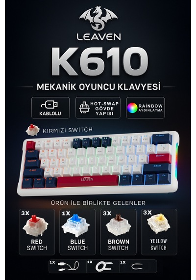 K610 Kablolu Kırmızı Switch Mekanik Oyuncu Klavyesi-61 Tuş Rgb-hot Swap