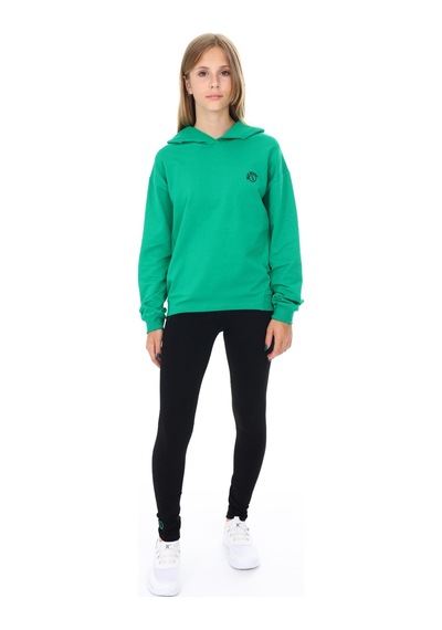 Toontoy Kids Toontoy Kız Çocuk 2'li Takım Baskılı Kapüşonlu Düşük Omuz Sweatshirt & Basic Düz Tayt Çimen Yeşili